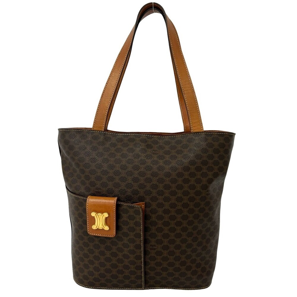 CELINE Vintage Macadam Pattern Triomphe Logo Hardware Leather Tote Bag Handba...